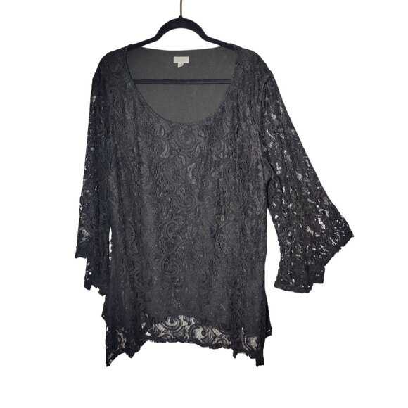 Avenue Lace Long Flare Sleeve Uneven Hem Scoop Neck Top Black 26/28 - Picture 1 of 5